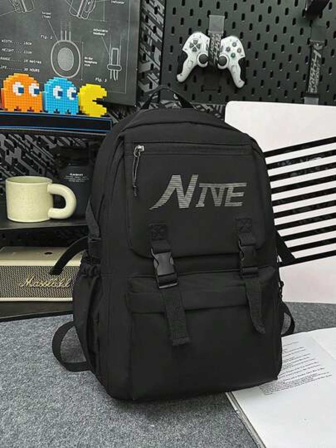 Men s Black Graphic Print Flap Large Capacity Travel Backpack Middle School Student Campus Bag Boys Rucksack