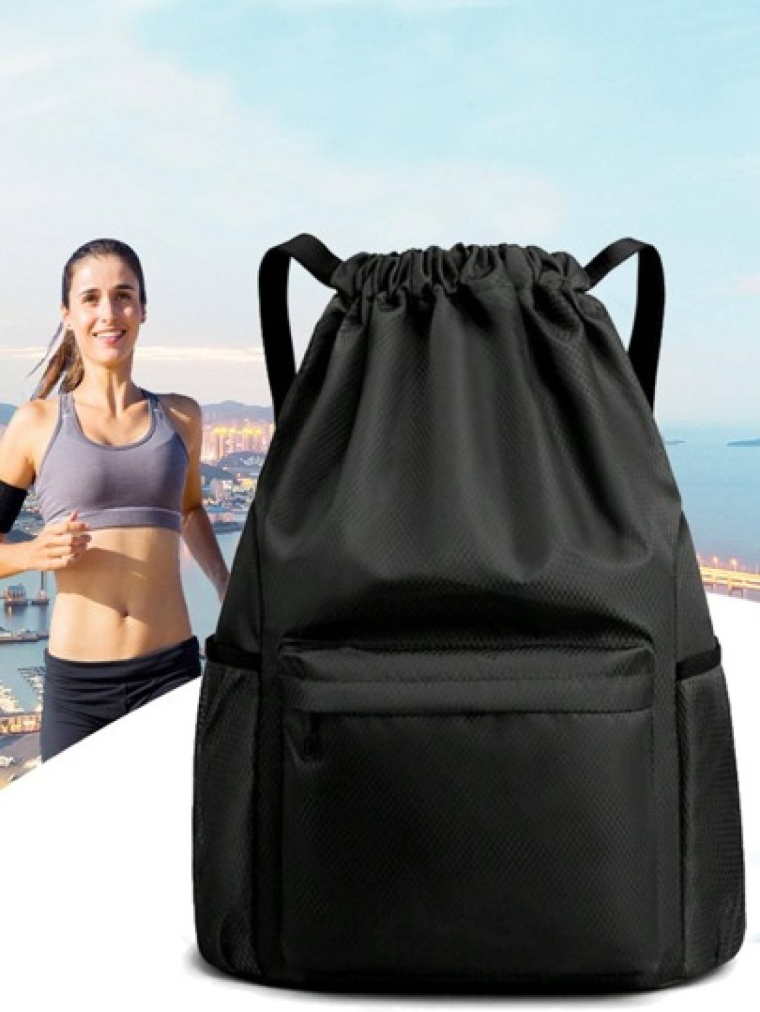 Drawstring Backpack Fashion School Gym Drawstring Camping Bag Casual String Knapsack School Backpack Schoolbag For Travel College School Commute Lightweight Sport Bag Black Backpack University Dorm Pr