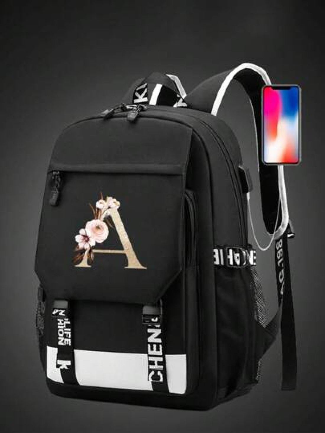 1pc Letter Printed Fashionable Functional Nylon Backpack With Extra Charging Port Suitable For Men Ideal For High School And College Students For Season Traveling And Vacation Letters From A To Z Holi