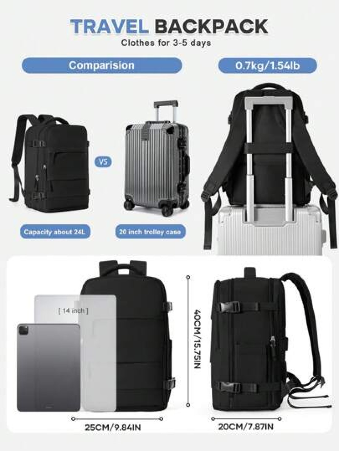 Large Travel Backpack Business Laptop Backpack Cabin Bag 40x20x25 Carry On Backpack Airline Approved Water Proof Backpack Multi Functional Independent Shoe Warehouse Dry Wet Separation Layer Travel Ba