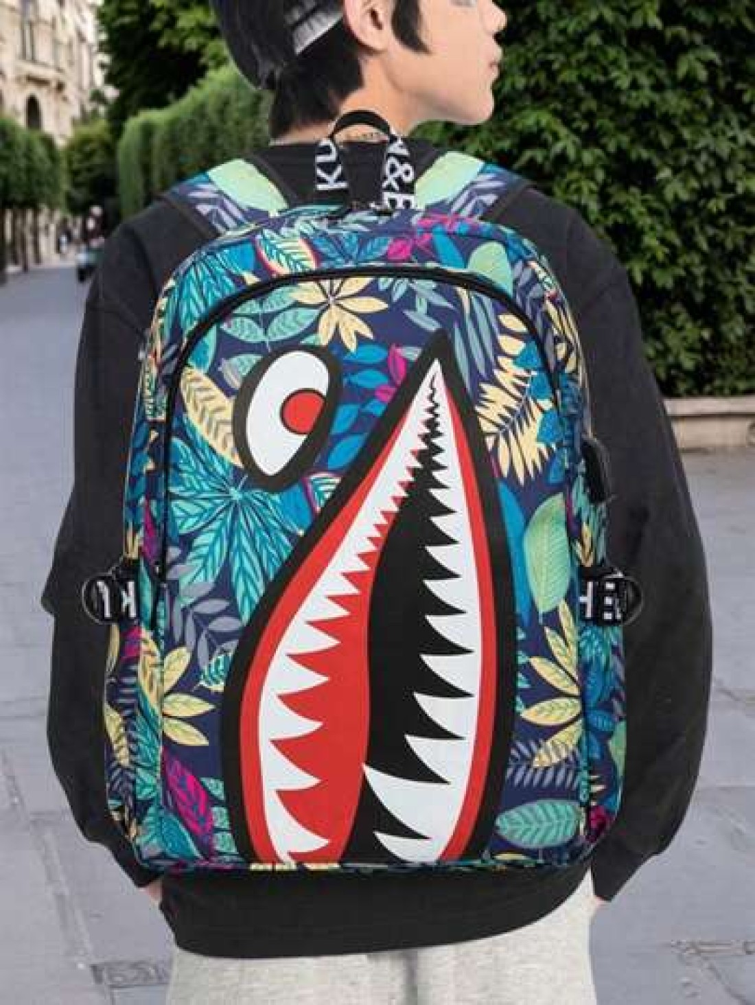Men s Stylish Shark Mouth Print Backpack Shoulder Bag Contrast Color Letter Leaf Print Versatile College Bookbag All Over Random Print Large Capacity Lightweight Nylon Travel Bag Water Resistant Fits