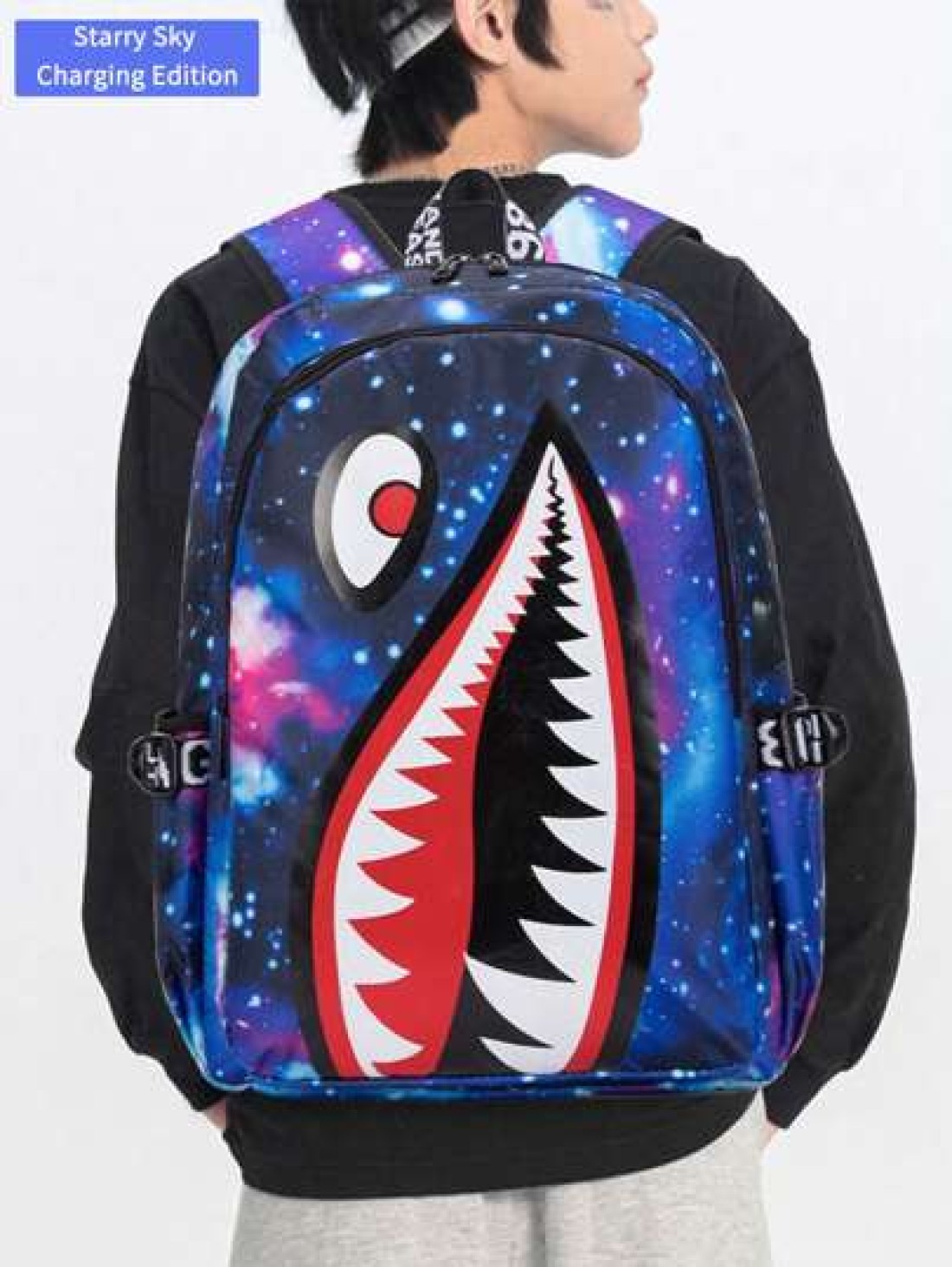 Men s Fashionable Starry Sky Print Backpack Stylish Shark Mouth Print Bookbag With Random All Over Print USB Charging Port Large Capacity Lightweight Nylon Travel Bag University Commute Backpack Fits