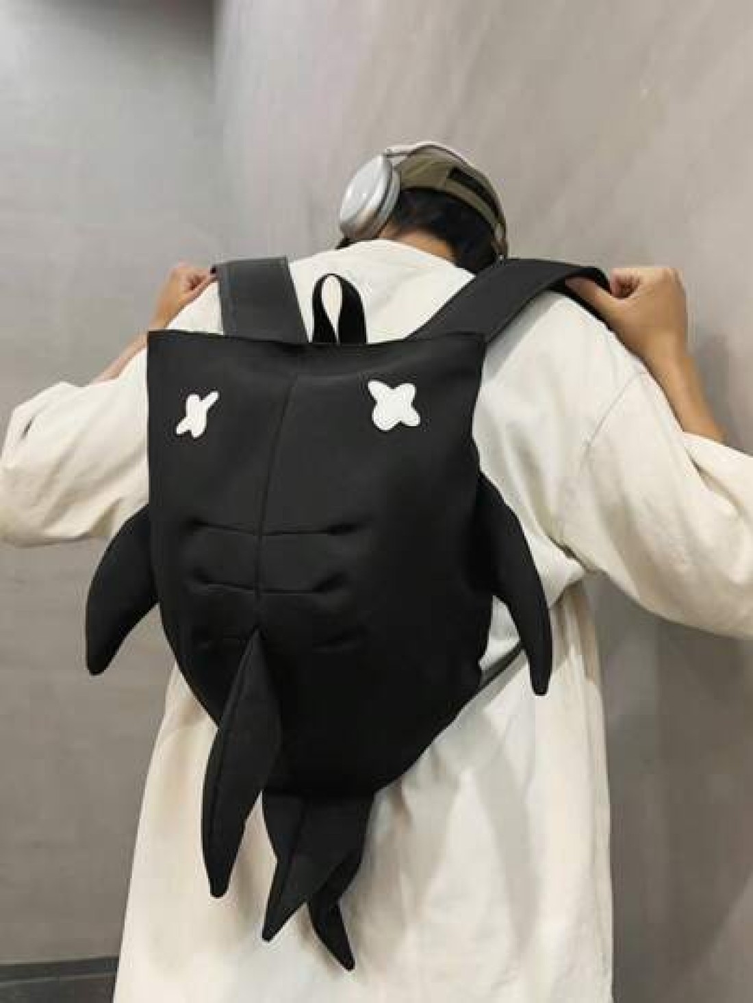 1pc Black Nylon Shark Shape Creative Cartoon Men s Backpack Large Capacity Student Schoolbag Cute Fashionable Personalized Novelty Fits Phones Tablets Books Water Bottles Adjustable Straps Suitable Fo