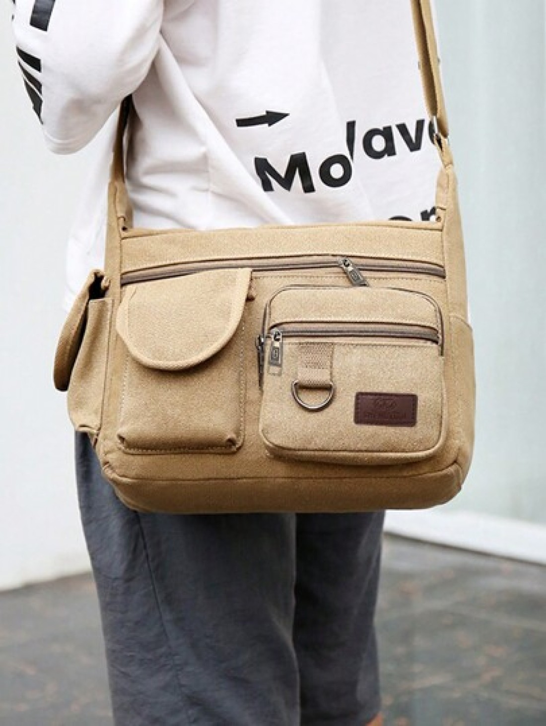 1Pc Khaki Canvas Shoulder Bag Large Capacity Multilayer Messenger Bag Student Travel Shoulder Bag Crossbody Bag Sling Bag For College School Lightweight Multifunctional Dad College Bag Freshman Multi