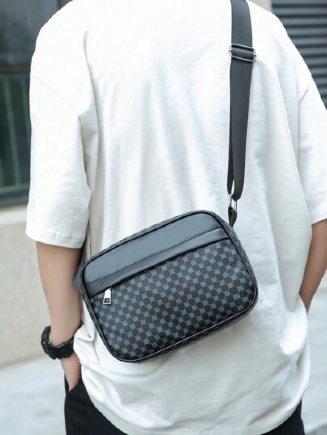 New Black PU Printed Sophisticated Men Sling Bag Dark Style Small Pouch Bag For Business Commute Travel Phone Holder Fashion Casual Outdoor Fitness Cycling Street Shoulder Bag Gift Adjustable Strap Zi