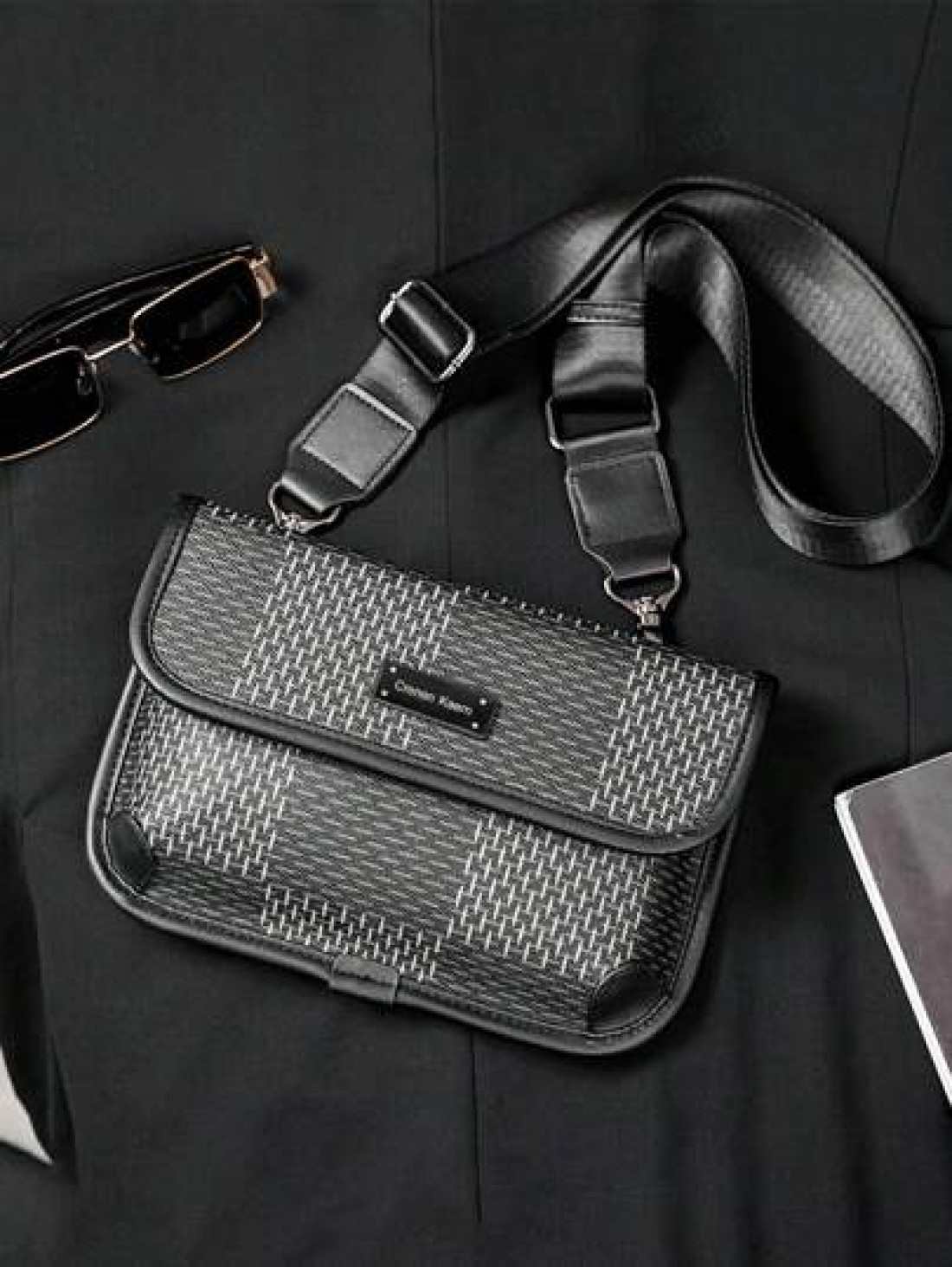 New Men s Flip Cover Mailman Bag Large Capacity Fashionable Checkered Embossed Small Chest Bag Versatile Outdoor Men s Crossbody Bag PU Waterproof Small Square Bag Men s Shoulder Bag Wear Resistant Co
