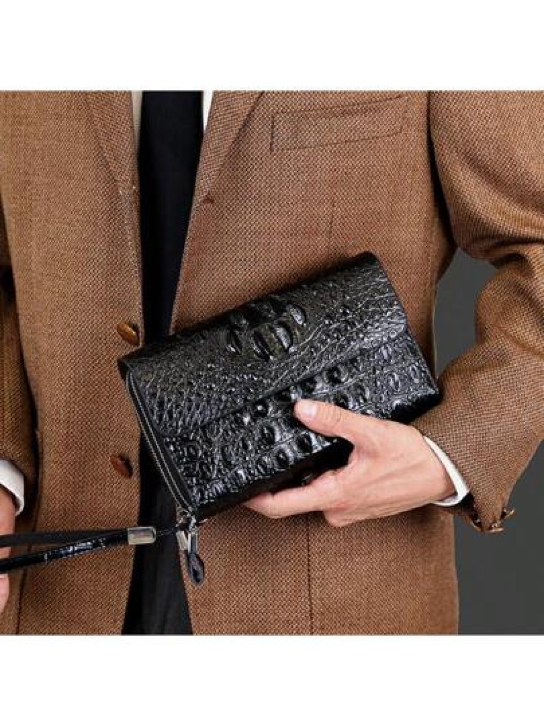 1pc Crocodile Embossed Black Pu Waterproof Wear Resistant Wallet Clutch Bag With Dual Zippers Retro European American Style Suitable For Outing Shopping Party Spring Summer New Arrival