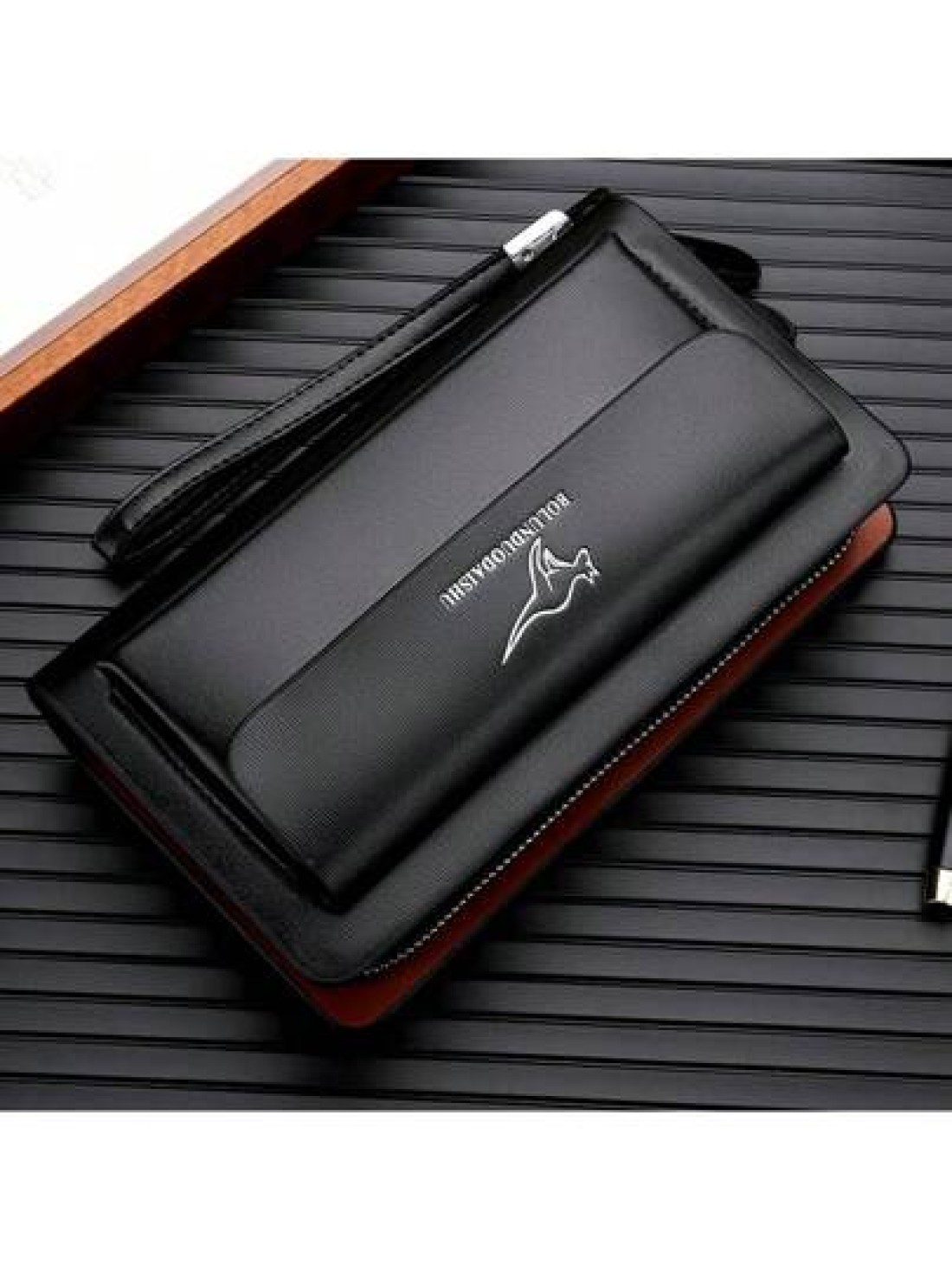 A Black And Brown Kangaroo PU Material Waterproof And Wear Resistant Double Zipper Closure Business Men s Wallet Clutch Bag Multi Functional Large Capacity Hand Held Bag New Style For Spring And Summe