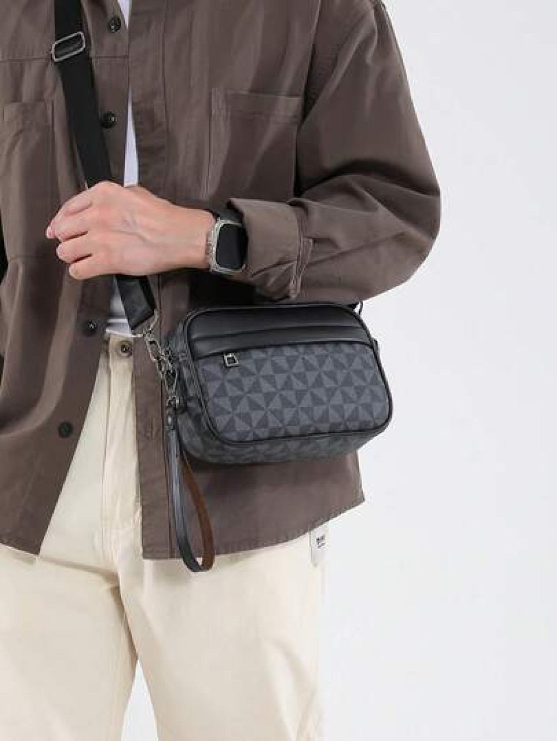 Black Fashion Business Shoulder Bag For Men PU Leather Messenger Bag Wide Strap Crossbody Bags Square Plaid Designer Male Sling Bags Luxury Bags