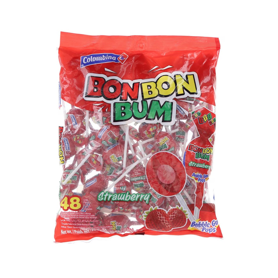 Colombina Bon Bon Bum Strawberry Lollipop 816g