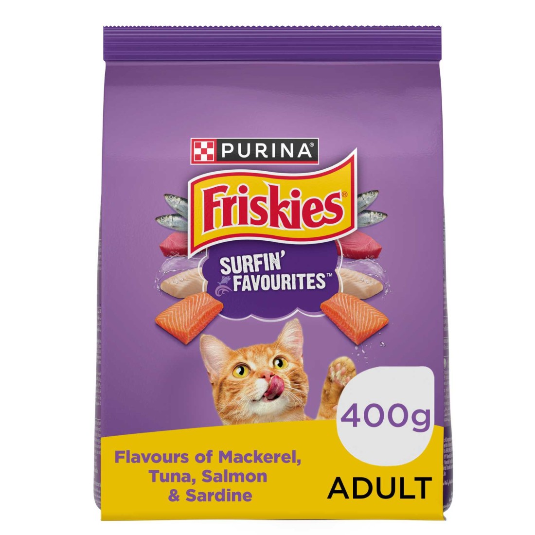 Purina Friskies Surfin&#39; Favourites Flavours of Mackerel, Tuna, Salmon and Sardine Adult Dry Cat Food, 400g
