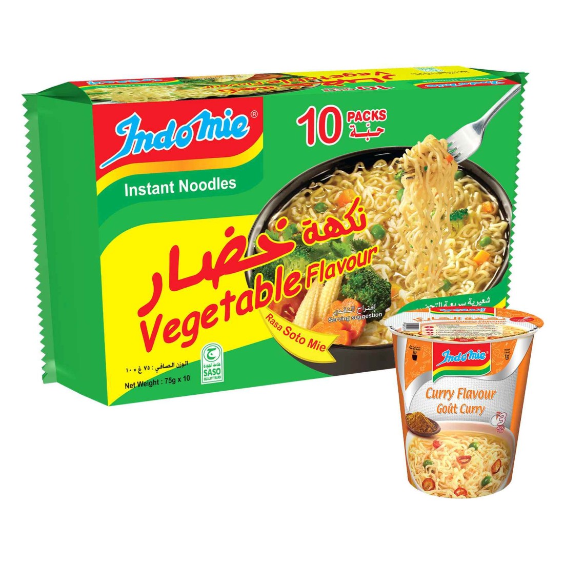 Indomie Soto Instant Noodles, Vegetable Flavor with Seasoning Powder and Sauce 75g Pack of 10 + Curry Cup Noodles 60g