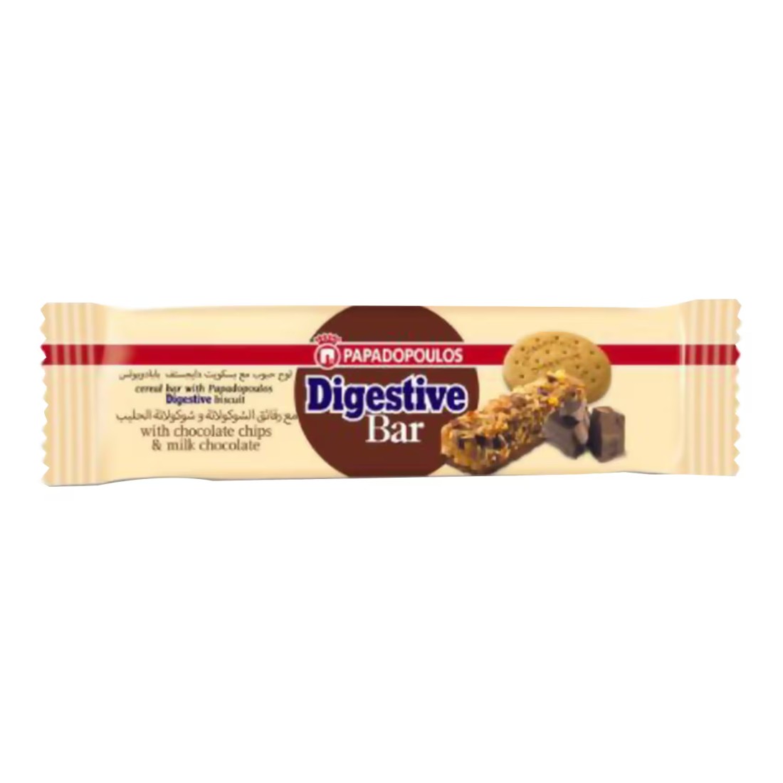 Papadopoulos Digestive Cereal Bar with Chocolate Chips and Milk Chocolate, 28g