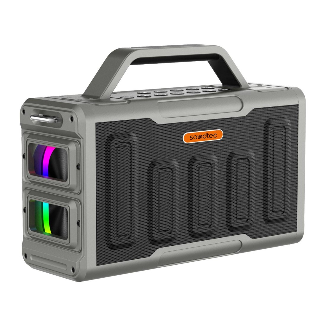 Porodo Soundtec Surge 2.2 Channel Party Speaker, 100W Max Output Power, 12000mAh Battery, Bluetooth V5.0, IPX5 Water-Resistant, Multi-Band Equalizer, RGB Lights

