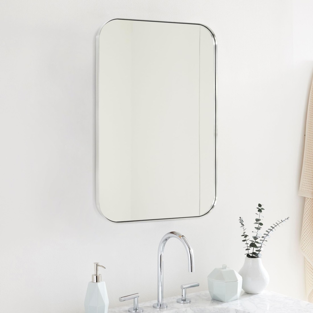 EGHOME 22x30&#39;&#39; Brushed Nickel Rounded Rectangle Bathroom Vanity Wall Mirror Stainless Steel Metal Framed Rectangular Bathroom Mirror, Vertical and Horizontal Hanging
