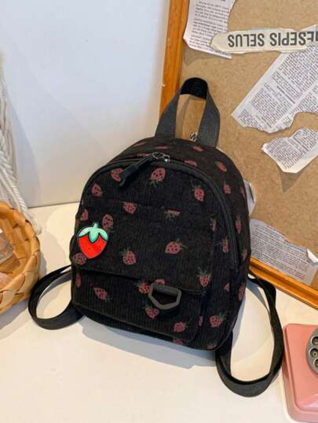 1 Piece Closed Fashionable Japanese Corduroy Stripes Small Fresh College Style Strawberry Pattern Backpack Korean Harajuku Print Small Backpack Suitable For All Occasions Comfortable And Adjustable Sh