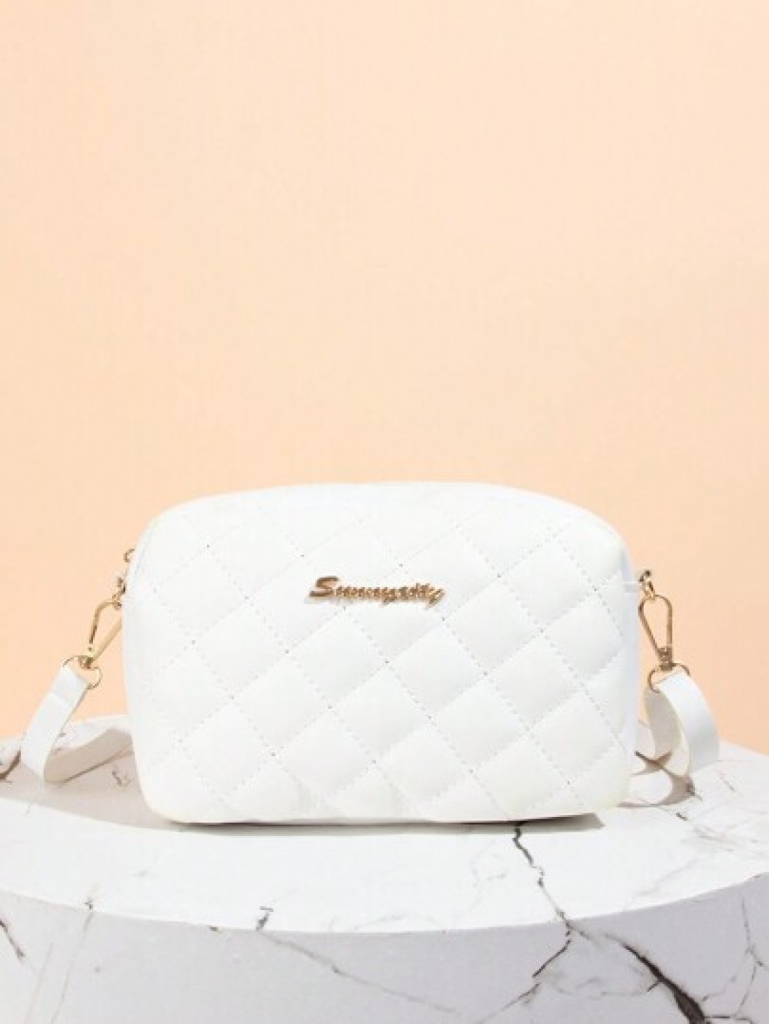 Quilted Zipper Square Bag Metal Letter Decor Shoulder Bag Adjustable Fashionable Girls Crossbody Bag Casual Phone Pouch