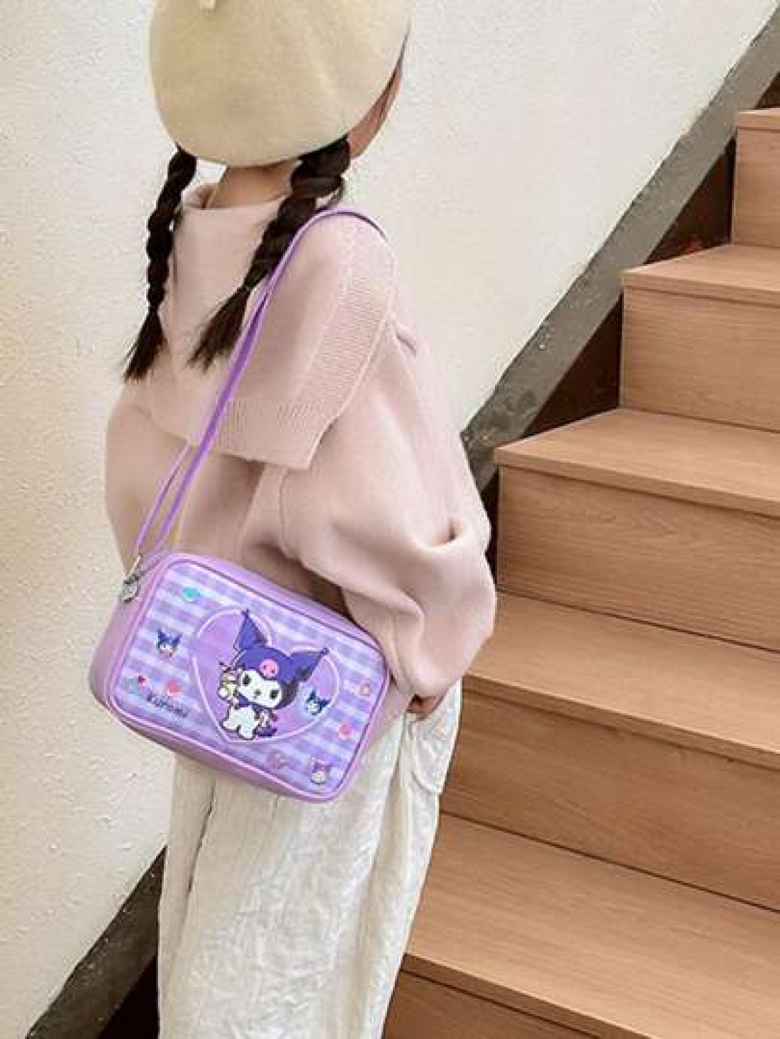 Sanrio قطعة واحدة حقيبة كتف صليب صغيرة للبنات بتصميم Kuromi وCinnamoroll من جلد البولي يوريثان، حقيبة مربعة للأطفال