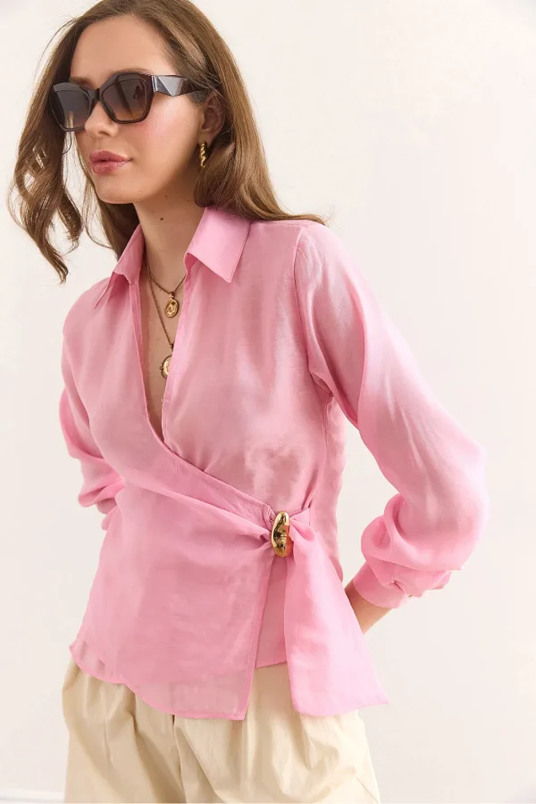 Olalook Women's Candy Pink Side Binding Detailed Modal Blouse Blz-19002946