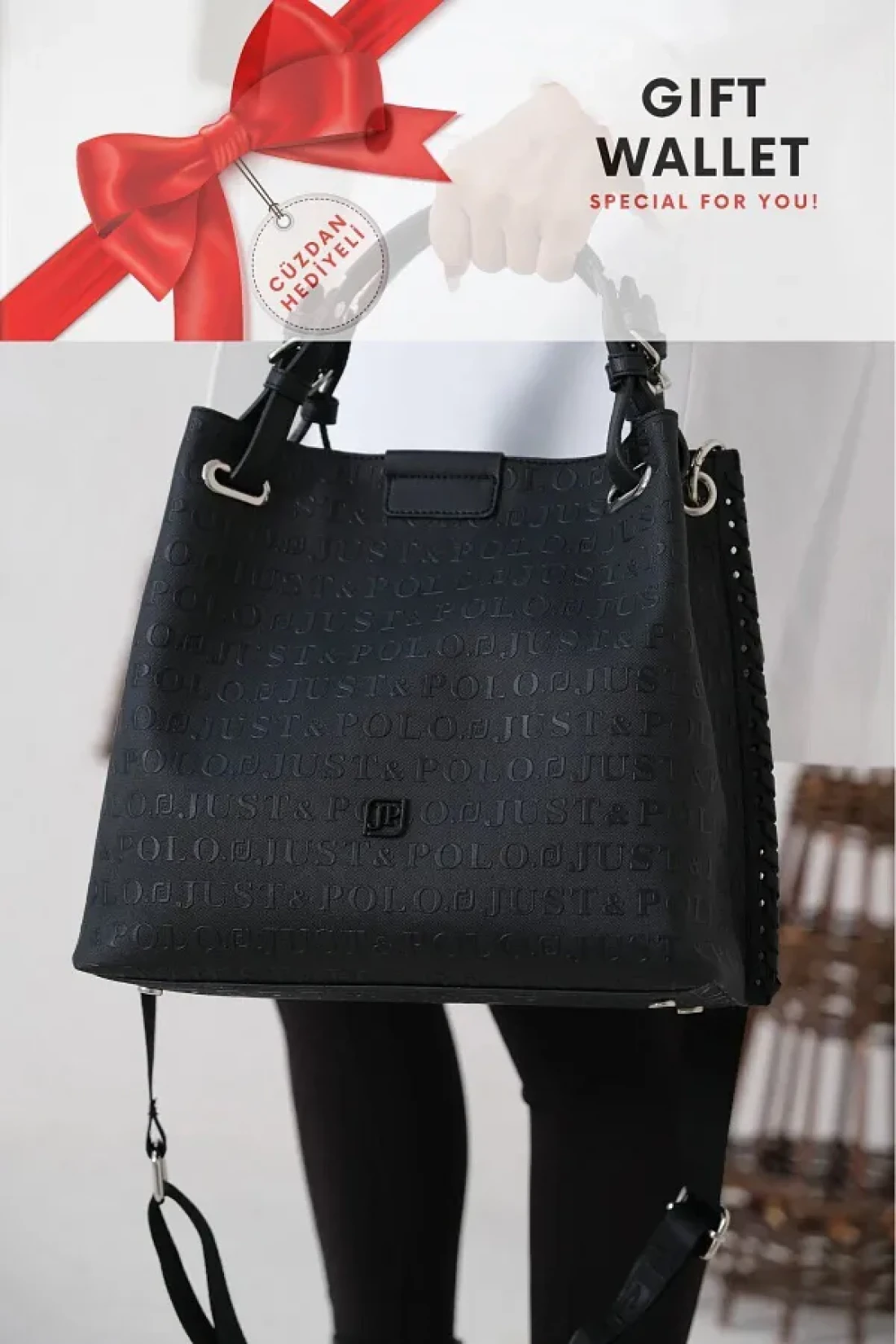 Just Polo Large Size Daily Women's Shoulder Bag - 4 Compartments, Back Pocket, Hand Knitted, Wallet Gift 33X26 cm 2180
