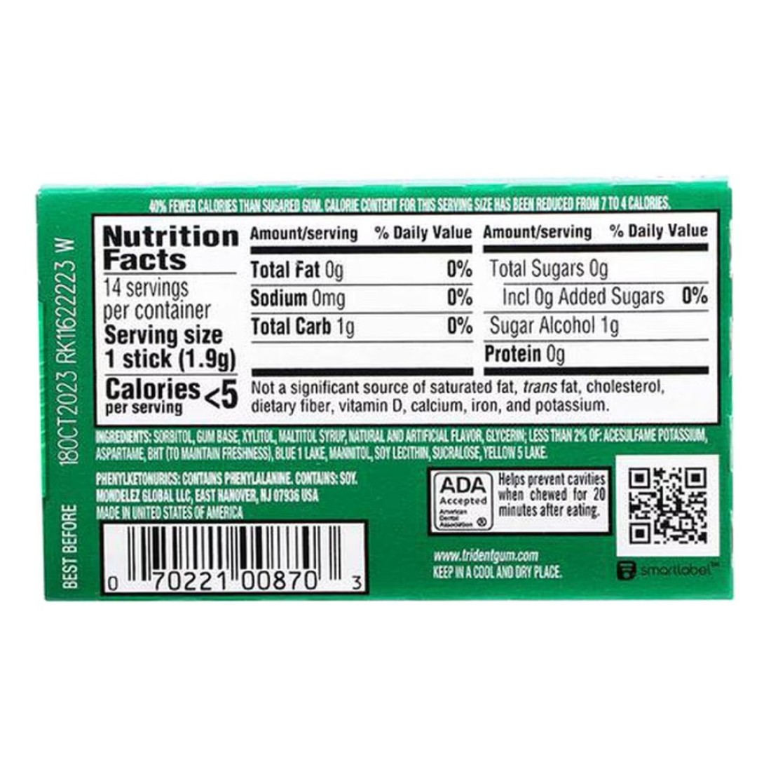 Trident Sugar-Free Gum Sticks Spearmint 14 Sticks