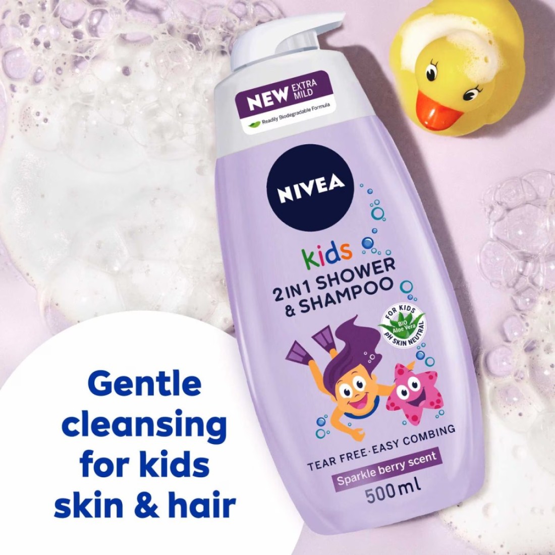 NIVEA Kids 2-In-1 Shower, Shampoo &amp; Conditioner Sparkle Berry Scent Purple 500ml