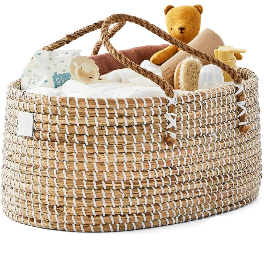 BEBE BASK Baby Diaper Caddy Organizer Handmade Organic Seagrass Luxury Diaper Caddy Basket Cute Diaper Caddy for Baby Girl Diaper Caddy for Baby Boy White Natural