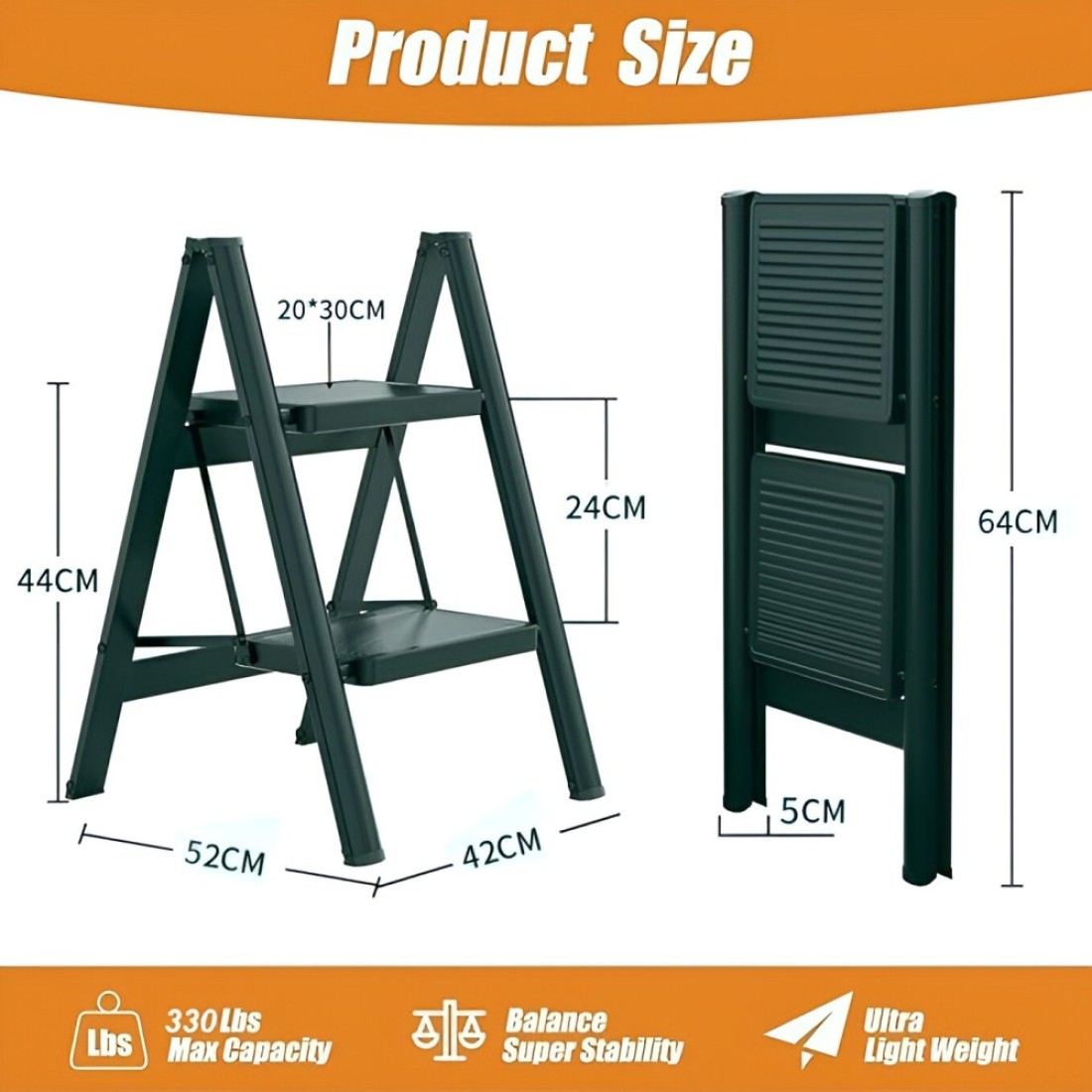 HEXAR® Multipurpose Step Ladder Folding Ladder with Anti-Slip Pedal Folding Step Stool Portable Lightweight Foldable Stepladder for Home Kitchen Library Office 150 KG Capacity (2 STEPS)