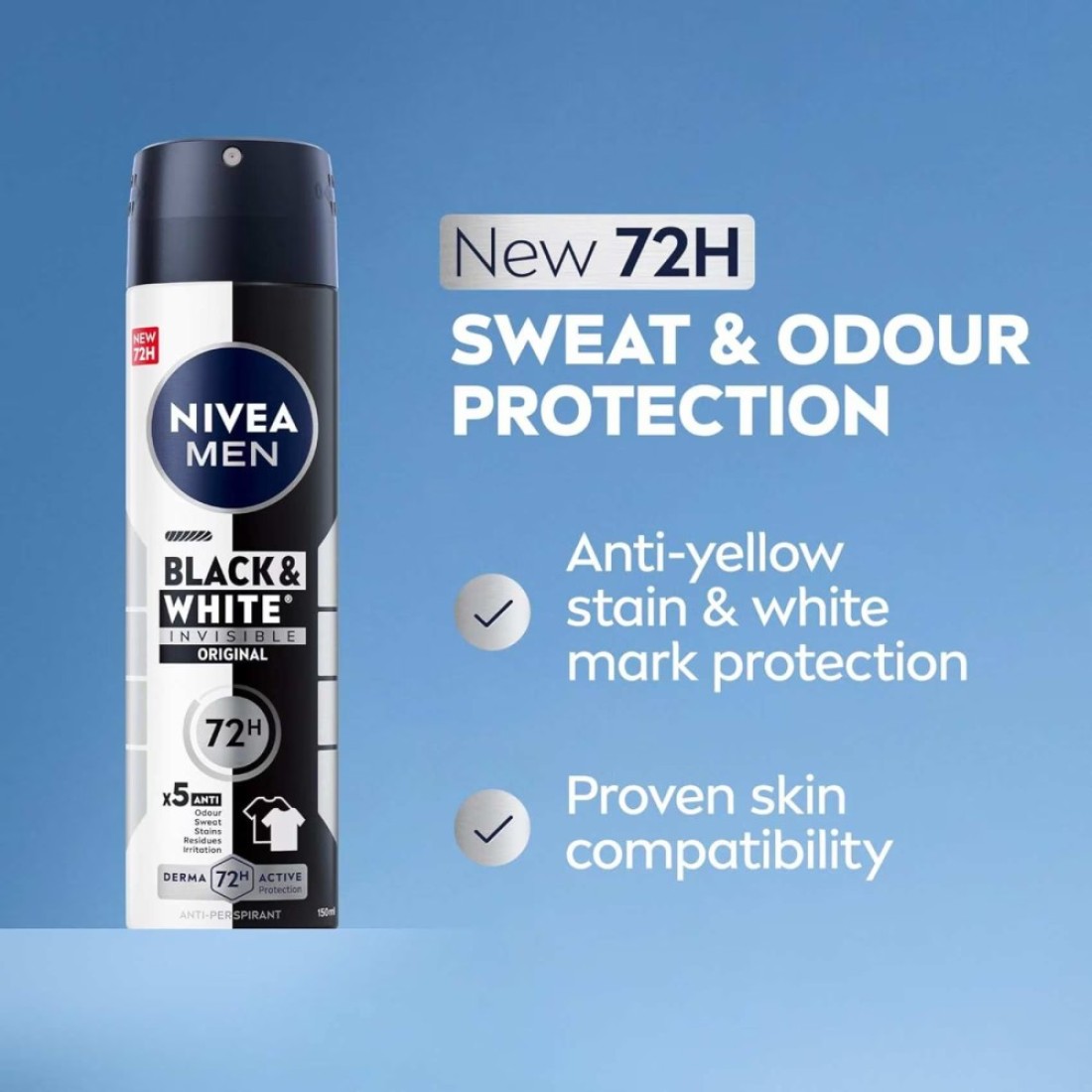 NIVEA MEN Black &amp; White Invisible Antiperspirant Deodorant Spray, Original, 72H Active Protection, 150ml, Pack of 3