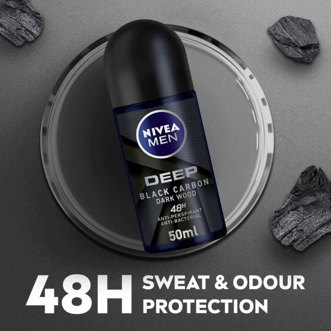 NIVEA MEN Antiperspirant Roll-on for Men DEEP Black Carbon Antibacterial Dark Wood Scent 50ml