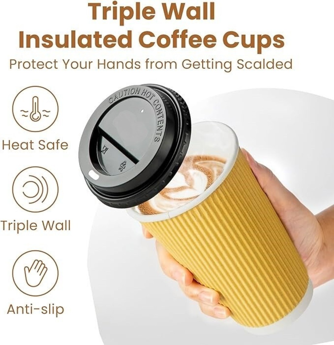 YESOCEA [50 Set] 12 oz. Kraft Disposable Coffee Cups With Lids - Triple Wall Ripple Brown Hot Paper Cups for Tea, Drinks To-Go