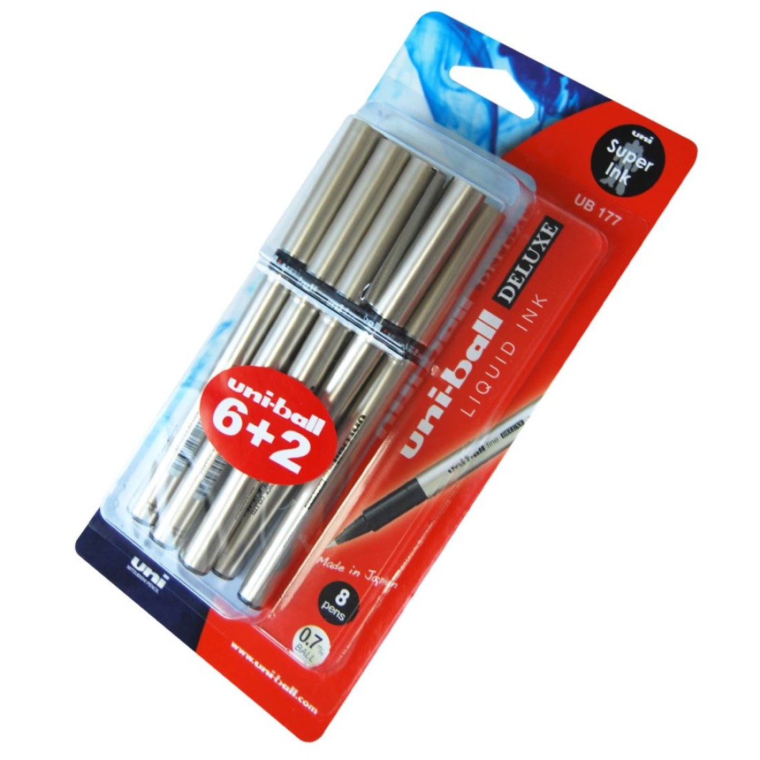 Uni-ball Deluxe Liquid Ink Rollerball Pen UB177 Blue and Black 0.7mm 8 PCS