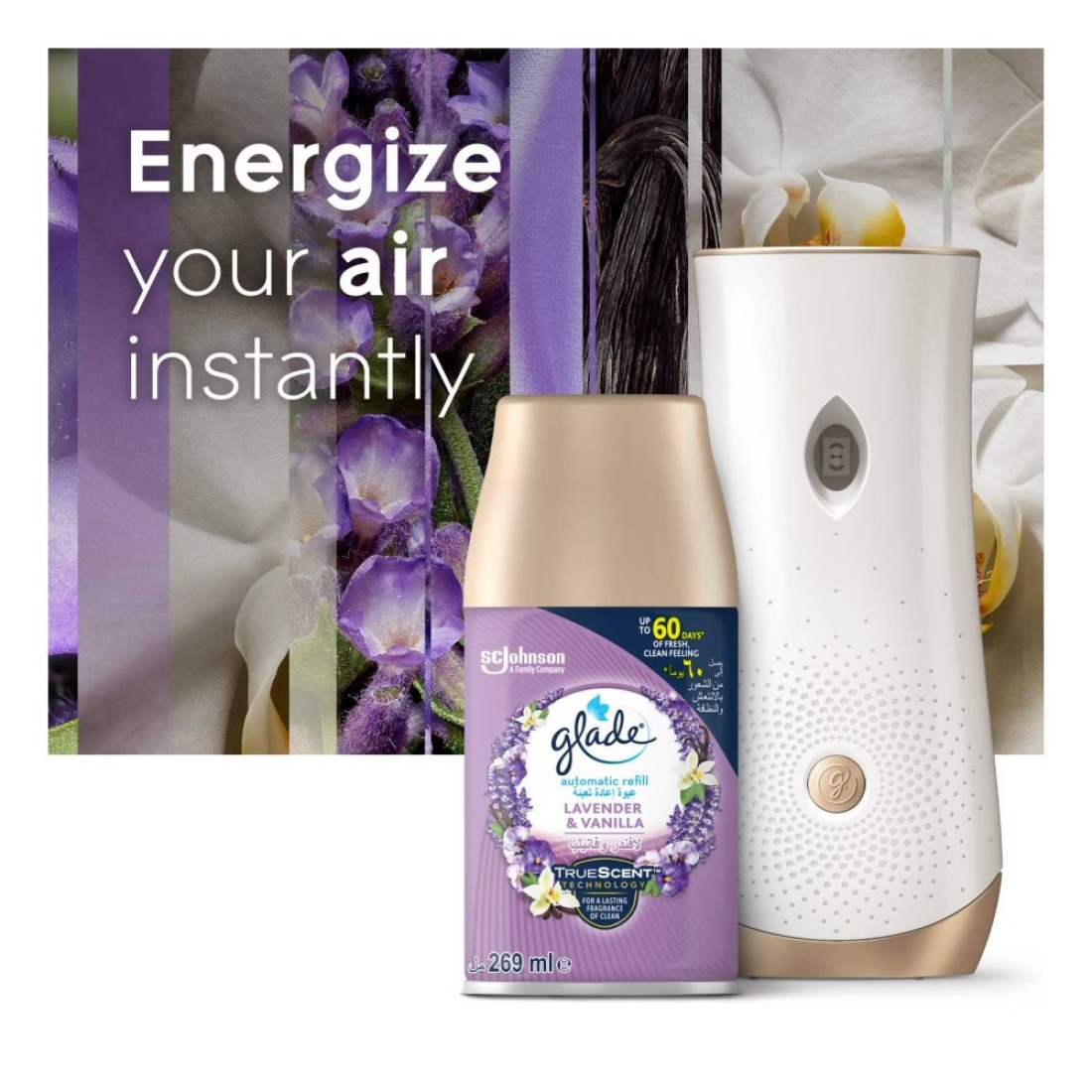 Glade Lavender And Vanilla Automatic Refill Spray White 269ml Pack of 2 With Elegant Amber And Oud Automatic Refill Spray White 269ml
