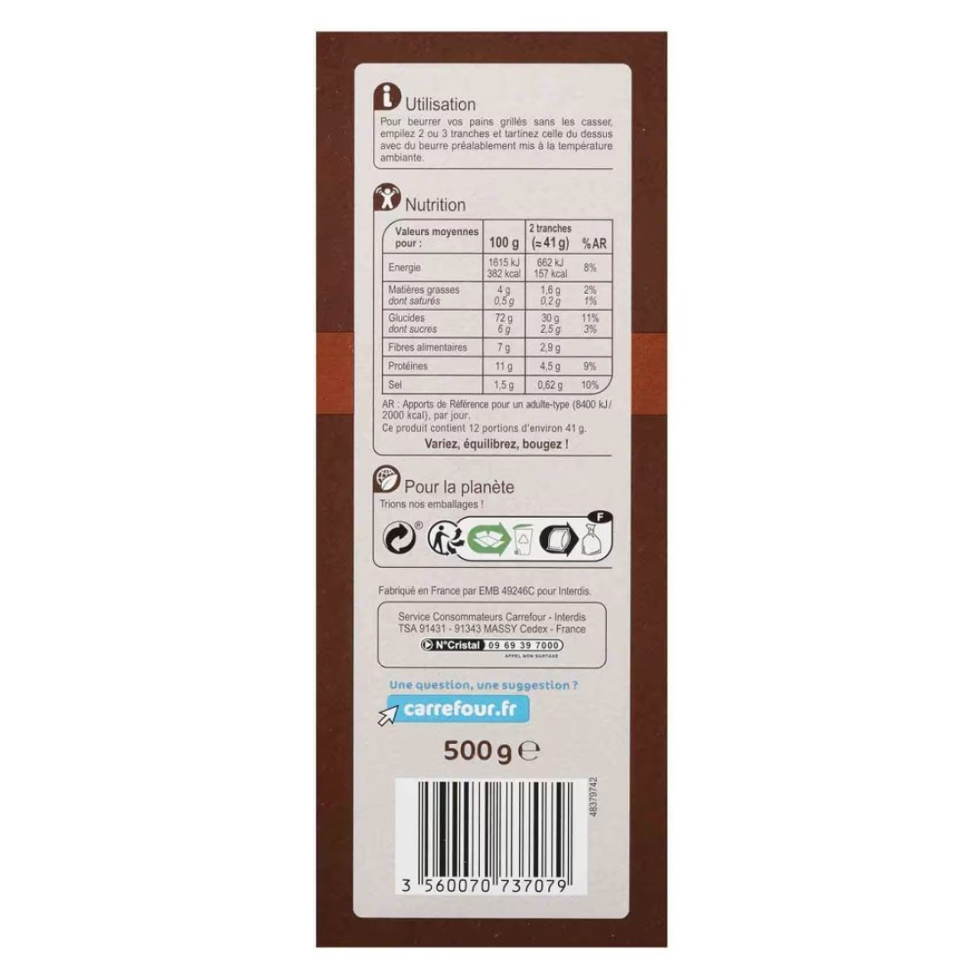 Carrefour Toasted Whole Wheat Bread 500g