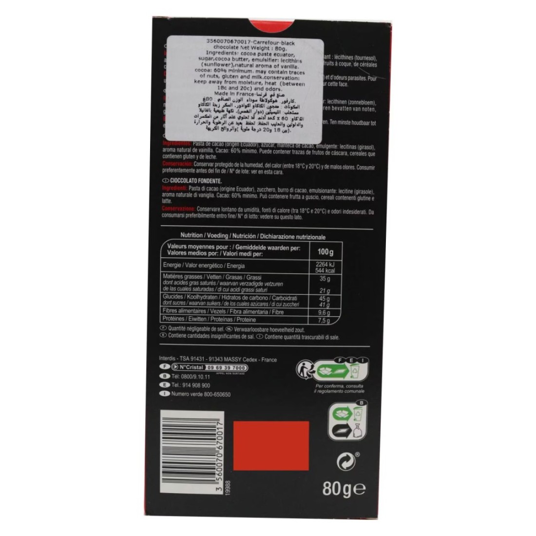 Carrefour Selection 60% Cocoa Ecuador Dark Chocolate Bar 80g