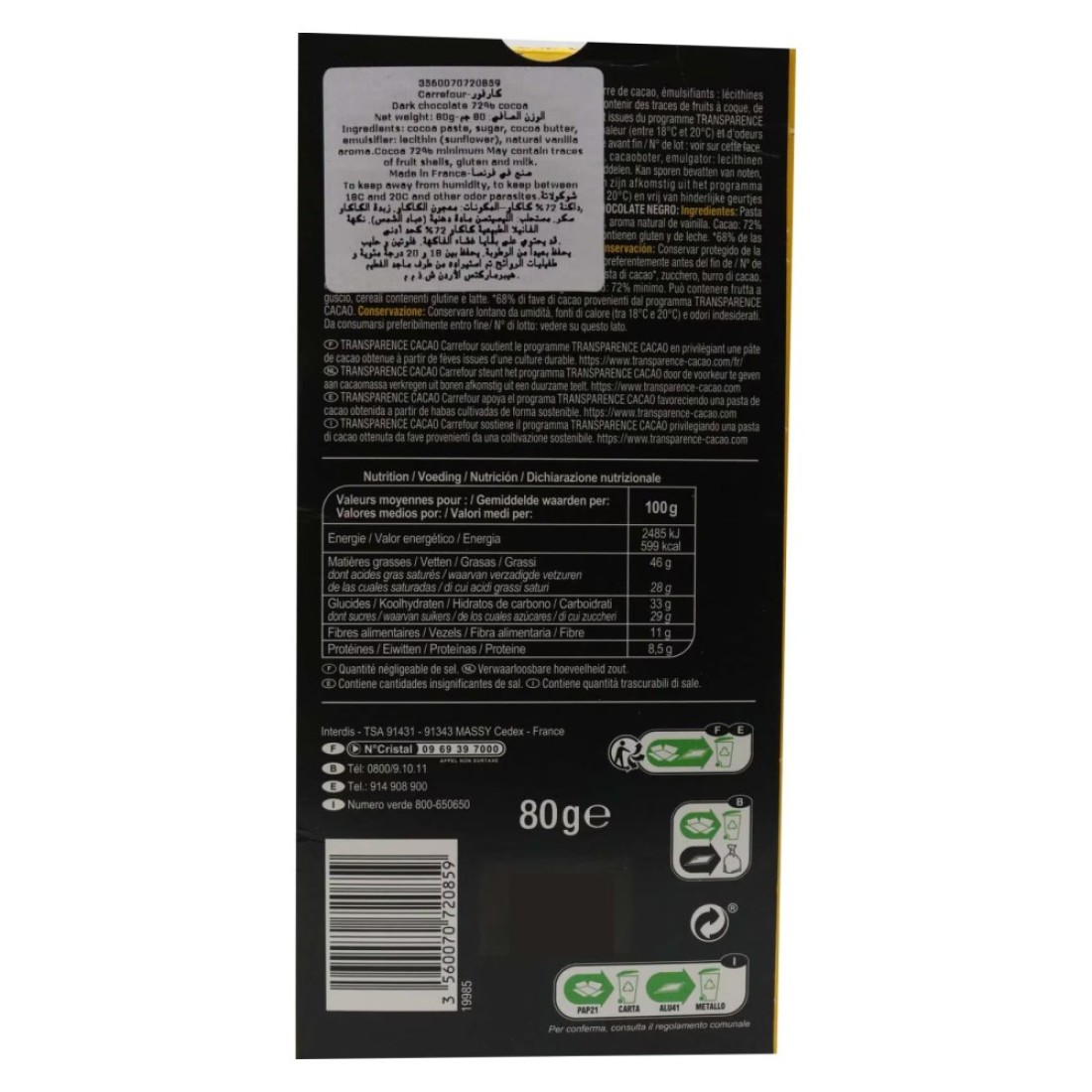 Carrefour Selection 72% Cocoa Dark Chocolate Bar 80g