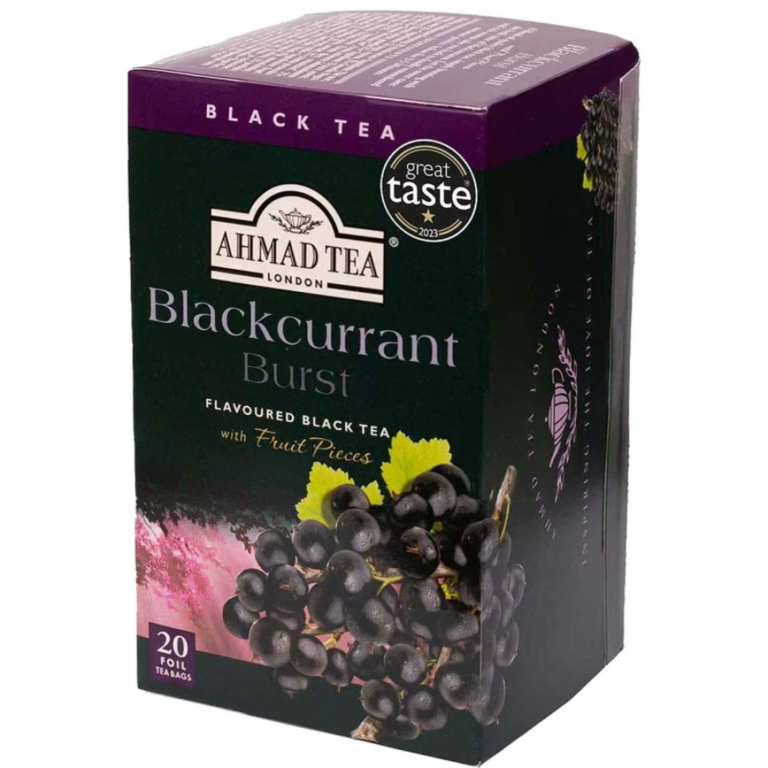 Ahmad Tea Blackcurrant Burst Flavoured Black Tea with Fruit Pieces Tea Bags 20 Tea Bags