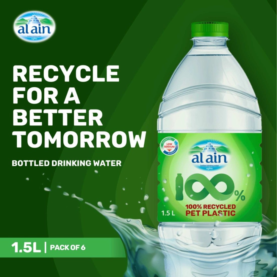 Al Ain Low Sodium Drinking Water Recycled Pet Plastic Bottle 1.5L Pack of 6