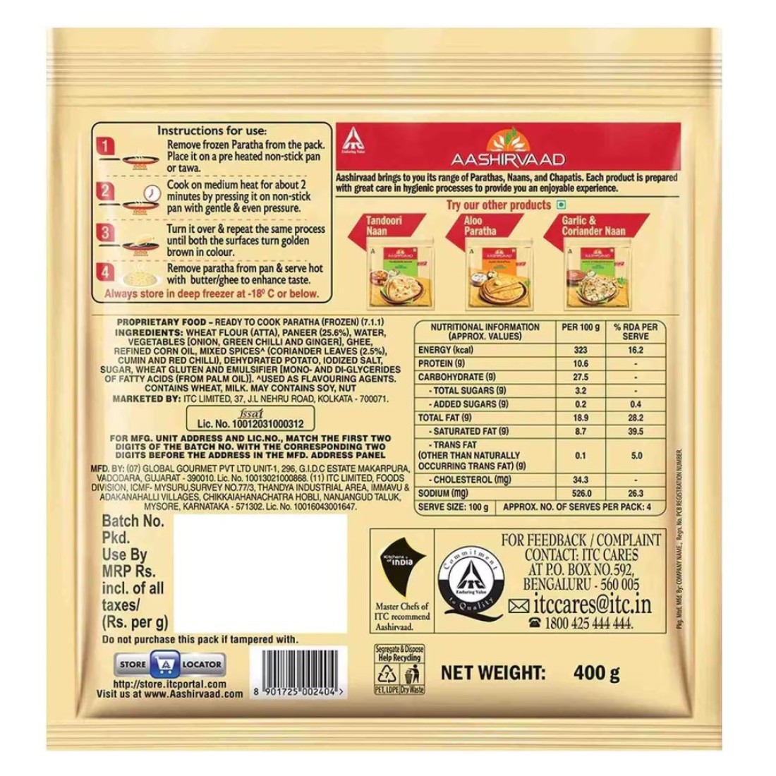 Aashirvaad Paneer Paratha 400g
