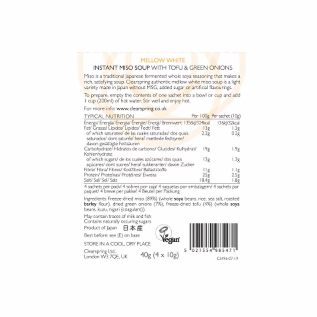 Clearspring Japanese Mellow White Miso Instant Soup 10g Pack of 4