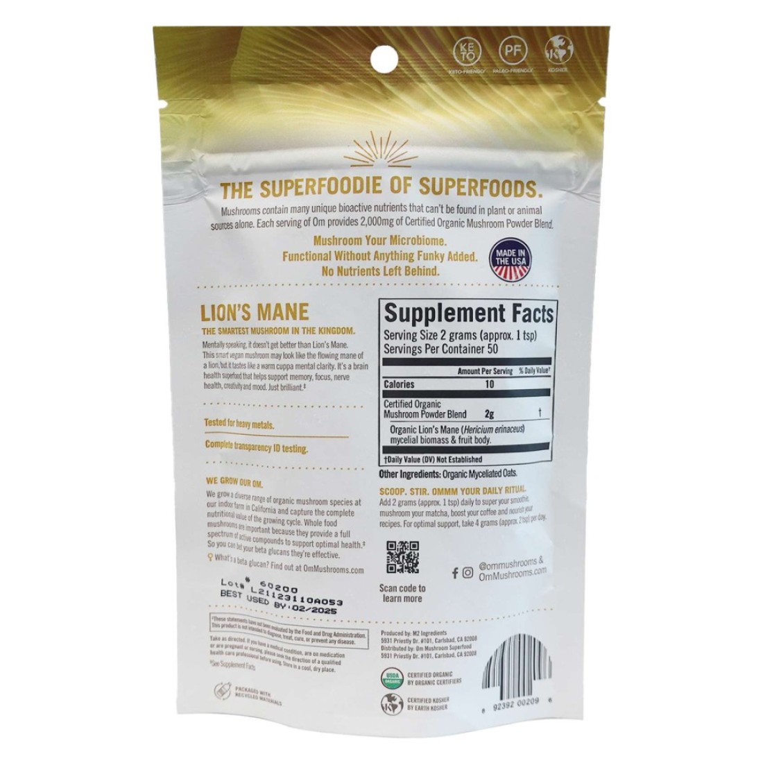 OM Lion&#39;s Mane Mushroom Superfood Powder 100g