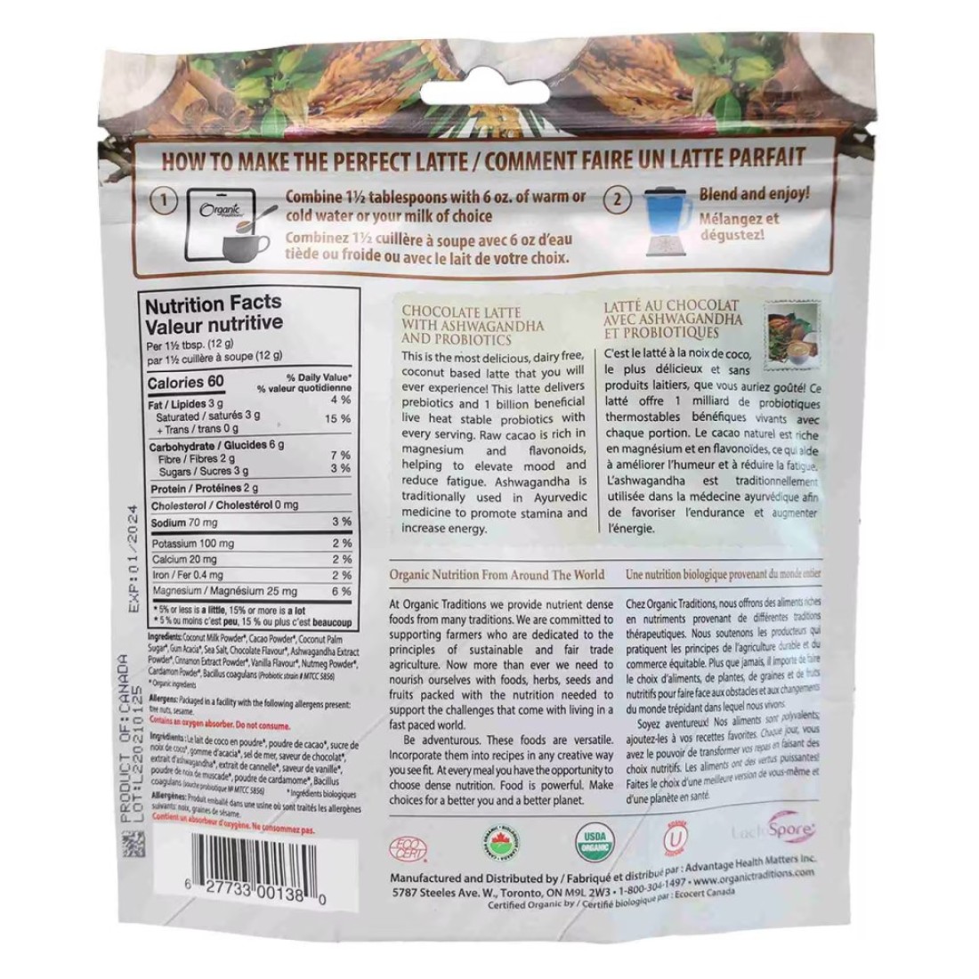 Organic Traditions Chocolate Latte With Ashwagandha And Probiotics 150g