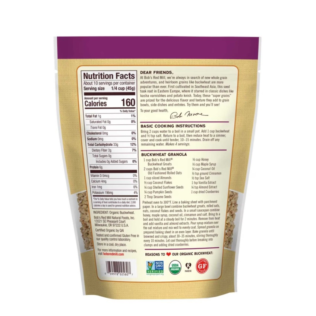 Bob&#39;s Red Mill Gluten Free Organic Whole Grain Buckwheat Groats, 454g