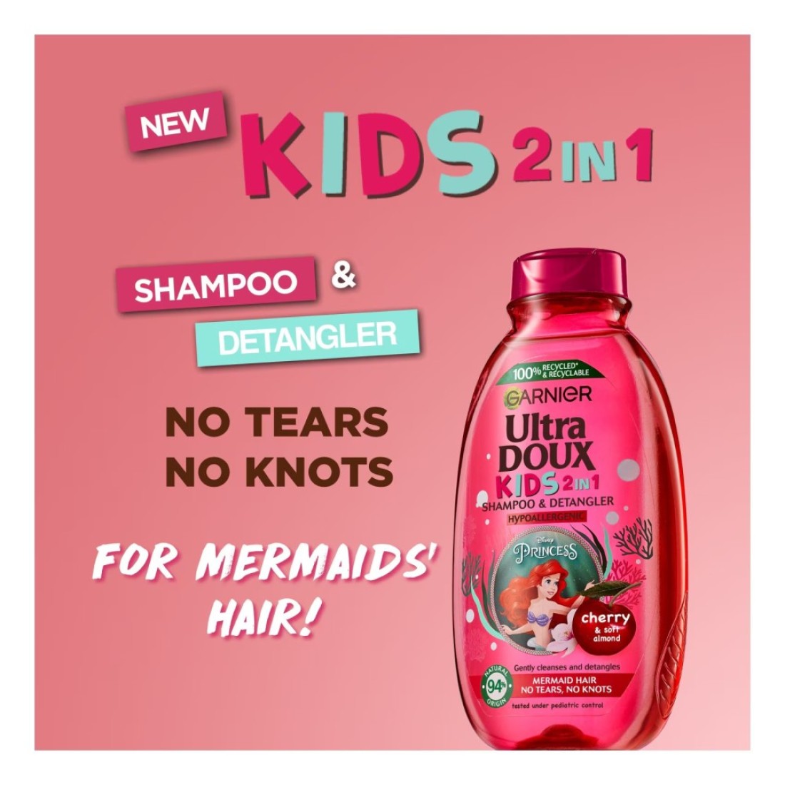 Garnier Ultra Doux Cherry Soft Almond Kids 2-In-1 Shampoo And Detangler Pink 400ml