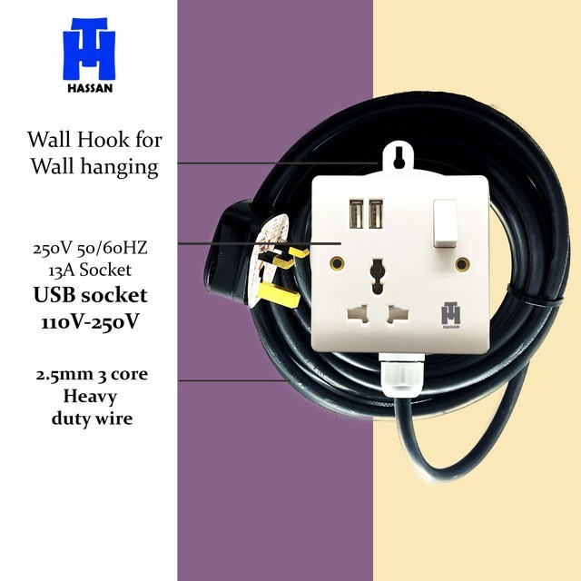 Hassan Single Socket USB Universal Power Outlet 30 meter Extension Cord, White, Mobile Charger, Long Wire Extension