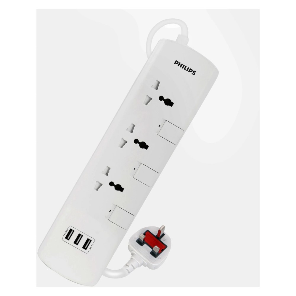 فيليبس مقبس تمديد كهربائي مضاعف مع 3 منافذ USB 3وات- أبيض-