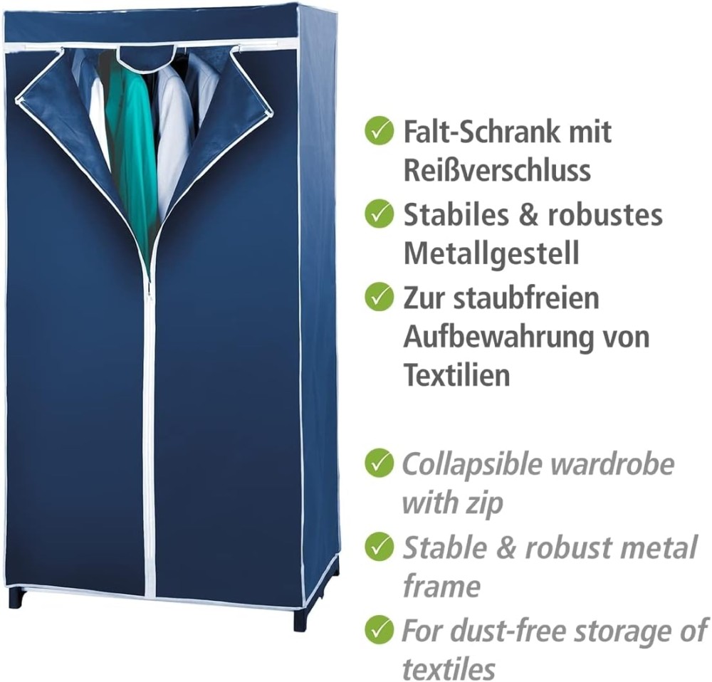 FITTO Wardrobe Storage Organizer – Breathable Nonwoven Fabric Closet with Zip Closure, Sturdy Metal Frame, Space-Saving Design for Dust-Free Textile Storage, Blue, 75 x 150 x 50 cm