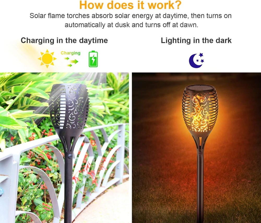 Fitto Solar Torch Lights &ndash; Waterproof Dancing Flames Torches, Outdoor Garden Lights for Yard, Patio, Pathway &amp; Backyard, 4-Pack, Energy-Efficient LED Solar Lights for Lawn, Landscaping &amp; Decor