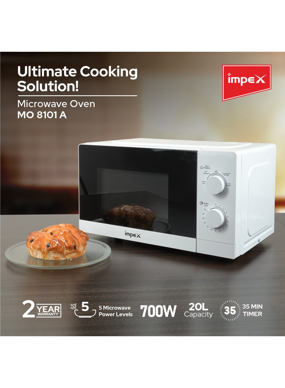 Impex 20L Microwave Oven - 700W Power, 5 Power Levels, 1100W Consumption, 2-Year Warranty, 50Hz/60Hz Frequency, Efficient Cooking Appliance with 20 Liters Capacity - MO 8101A