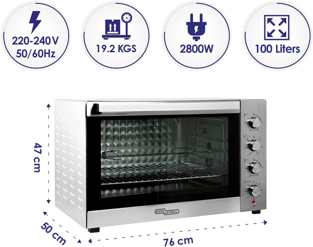 Super General 100 Liter Stainless Steel Electric Oven, SGEO-101-TRC, Silver